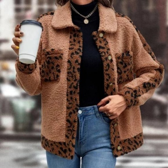 MODA ME COUTURE Jackets & Blazers - faux fur shearling Teddy Jacket Coat overcoat Leopard Printed